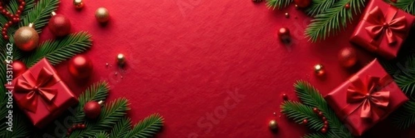 Obraz Scattered gifts, fir sprigs, red baubles, textured red background , scarlet, texture