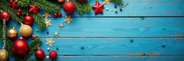 Obraz Scattered Scandinavian Christmas trinkets on weathered blue wood , flat lay, nordic