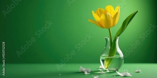Obraz Shattered vase, yellow tulip, green background Soft light, selective focus , floral, copy space, detail