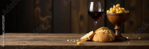 Obraz Simple wooden table, chalice, wine, bread crumb , ceremony, sacrifice, religious