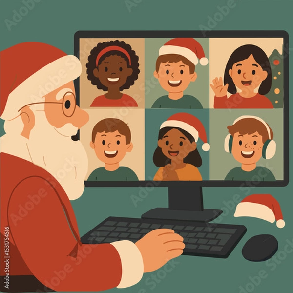 Fototapeta Santa Claus Virtual Christmas Call with Happy Kids on Computer – Festive Online Celebration Vector