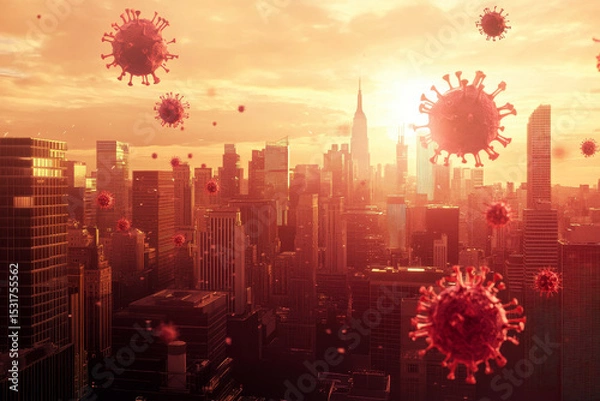 Obraz Floating microbes and viruses cells over a generic cityscape skyline at sunset, illustrating the pervasive spread of the virus in cityscape.