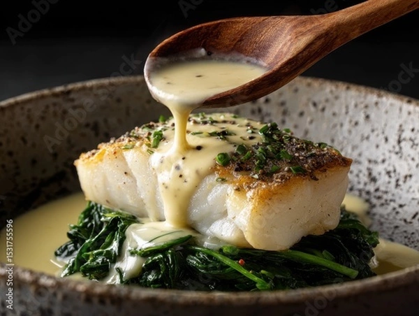 Obraz Grilled fish fillet topped with creamy white sauce and garnished with fresh herbs on a white plate.