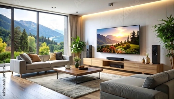 Fototapeta Modern Living Room with Mountain View TV Relaxation with Comfort, and and Interior Design.