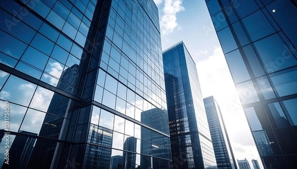 Fototapeta Modern Skyscrapers Reflecting Sky  Clouds with Architectural Abstract, and Business District.