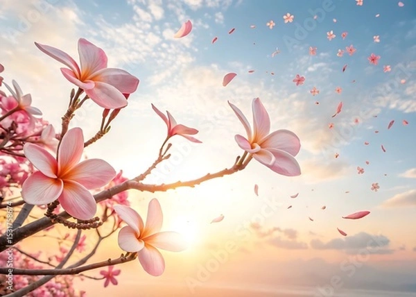 Fototapeta Pink plumeria flowers blossom at sunset, petals gently falling from the branches, creating a serene and tranquil atmosphere.