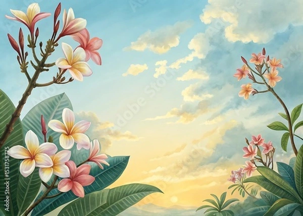 Fototapeta Sunset Serenity: Plumeria blossoms frame a breathtaking sunset vista, their delicate petals mirroring the soft hues of the sky.