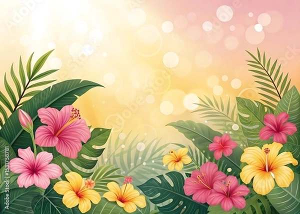 Fototapeta Vibrant hibiscus flowers and lush tropical leaves create a breathtaking summer scene, perfect for a vacation backdrop or tropical-themed design.