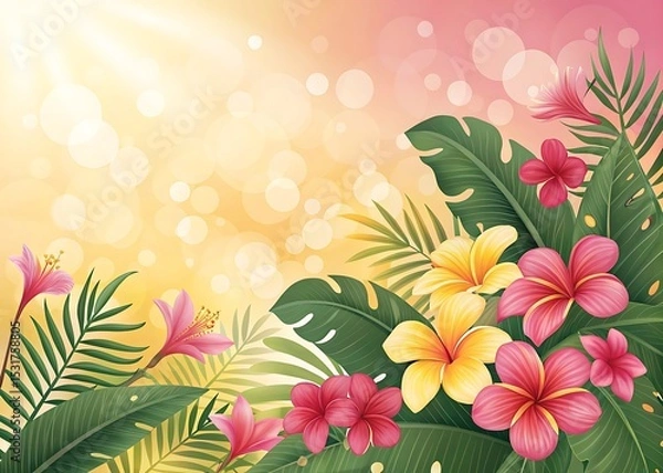 Fototapeta Vibrant Tropical Paradise: A lush arrangement of hibiscus, plumeria, and palm leaves bathed in warm sunlight, creating a lively and exotic scene.