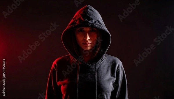Fototapeta Mysterious Woman in Hoodie with Red  Black Backlit Portrait, and Intense Look.