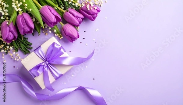 Fototapeta Purple tulips and gift box with ribbon on lavender background with top view.
