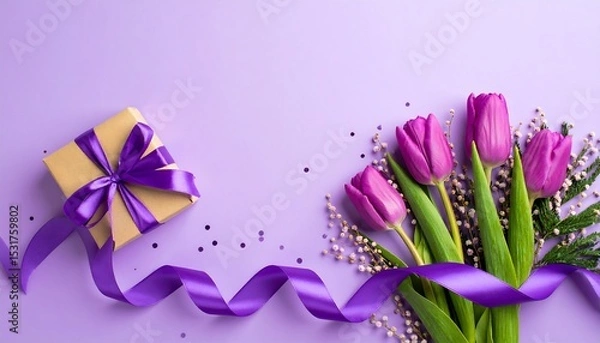 Fototapeta Purple Tulips and Gift Box with Ribbon on Purple Background for Celebrations.