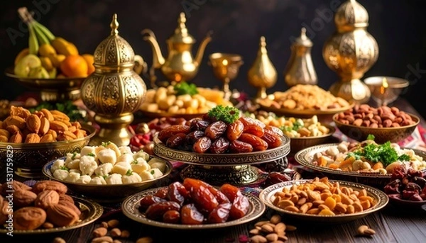 Fototapeta Ramadan Iftar Feast Dates with nuts, and and Middle Eastern delicacies on a table.