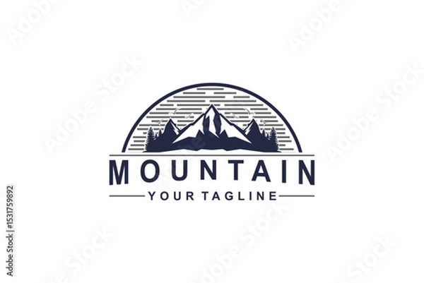 Fototapeta Outdoor Mountain Logo - circle emblem for mountain climbing, nature hiking basecamp, pine tree forest, nature adventure badge