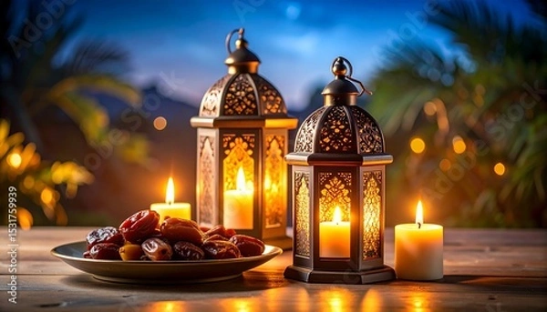 Fototapeta Ramadan Kareem Elegant lanterns with dates, candles at sunset, and celebrating Eid.