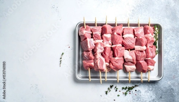 Fototapeta Raw meat skewers on tray with preparation for cooking, culinary concept, top view, and grey background.