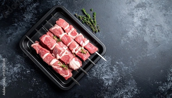 Fototapeta Raw Skewered Lamb Kebabs on Tray with Ready for Grilling, Dark Background, and Overhead.