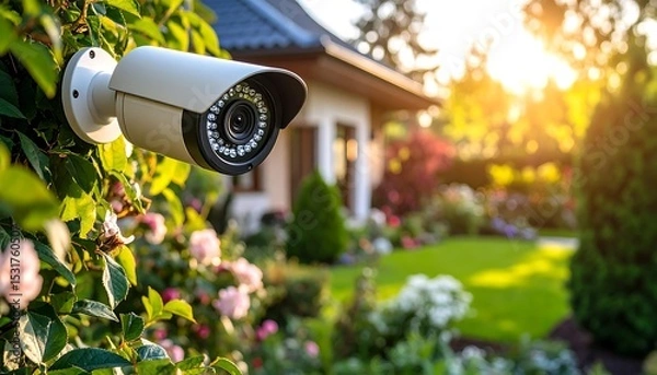 Fototapeta Security Camera on House with Garden Surveillance, Home Protection, and Sunny Day Background.