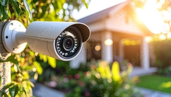 Fototapeta Security camera protecting home surveillance with technology, CCTV, and outdoor at sunset.