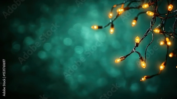 Obraz Hanging fairy lights creating magical atmosphere with soft warm glow on pastel green background, text space for festive scenes like Christmas weddings or New Year mapping visuals