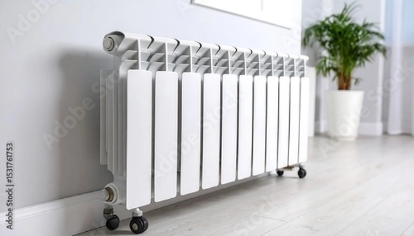 Fototapeta White radiator in a bright modern room with a green plant Energy efficient.