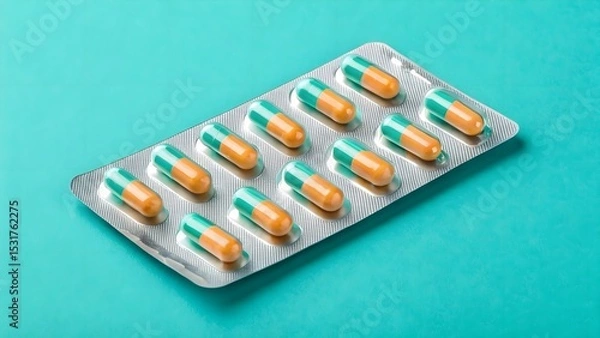 Fototapeta Fresh Vitamin B12 blister pack mockup on a vibrant turquoise backdrop—clean layout emphasizes energy support and clarity for supplement marketing.