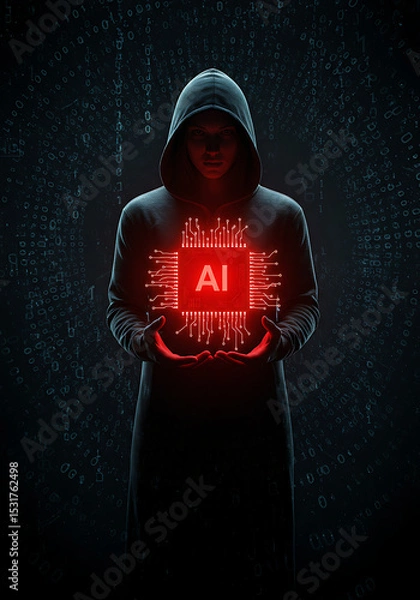 Fototapeta AI Digital Intrusion: A hooded figure in shadows cradles a glowing AI chip, encapsulating the enigmatic intersection of technology, security, and artificial intelligence.