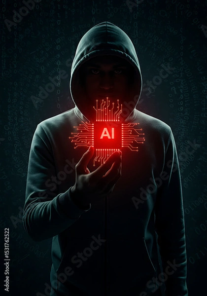 Fototapeta AI Hacker in the Shadows: A mysterious figure cloaked in darkness holds a glowing AI microchip, symbolizing the potential risks and power of artificial intelligence in the digital world.