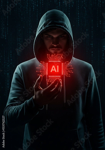 Fototapeta AI Hacker: Mysterious figure in hoodie holding glowing AI chip. Dark background with digital rain. Concept of AI threat, cybersecurity, or technological singularity. 