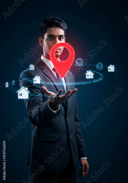 Fototapeta Location, Location, Real Estate: An elegant businessman is showcasing a digital concept of property location, emphasizing real estate prospects, with a backdrop of technological elements.
