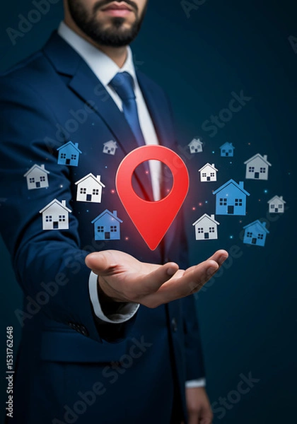 Fototapeta Navigating the Real Estate Landscape: A modern business professional holds a glowing map pointer with small house icons, symbolizing the direction and discovery of property location. 