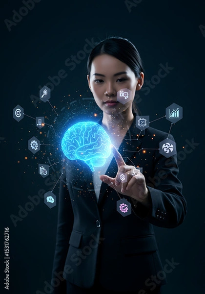 Fototapeta Future Vision: An elegant Asian woman in a sharp business suit gazes thoughtfully while interacting with a glowing digital representation of the brain, surrounded by futuristic interface elements.