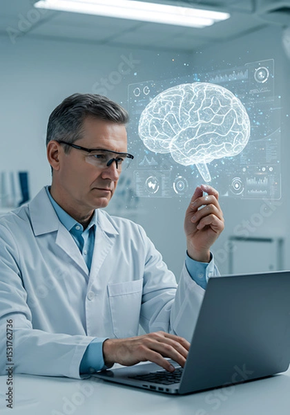 Fototapeta Neuroscientist at Work: A focused neuroscientist, wearing glasses and a lab coat, studies a digital brain model on his laptop.