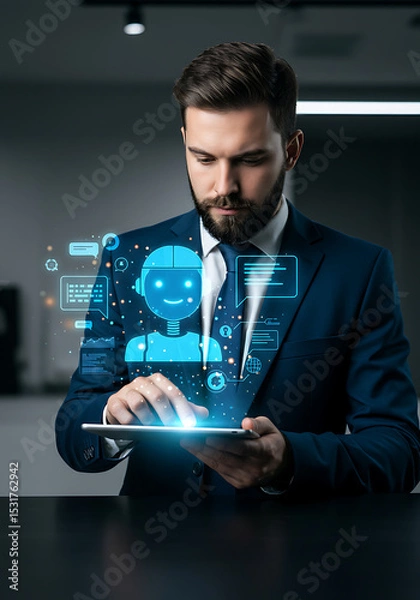 Fototapeta Businessman using AI assistant on tablet: A focused businessman in a suit uses a tablet, interacting with a holographic AI assistant interface. The scene is set in a modern office.