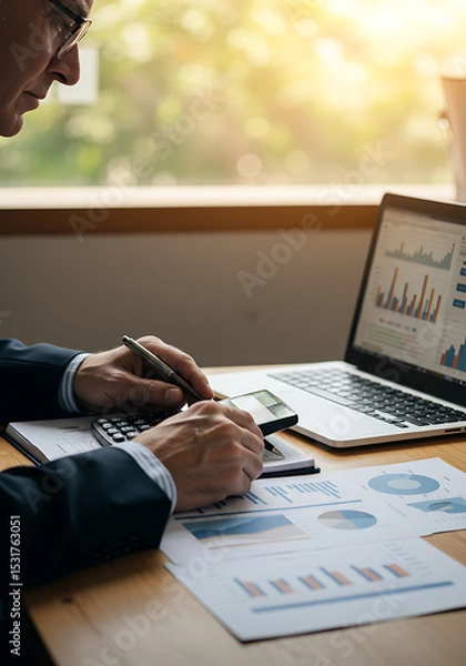 Fototapeta Focused Analysis: A skilled professional meticulously reviews financial data, utilizing technology and traditional methods to make precise calculations and insightful interpretations.
