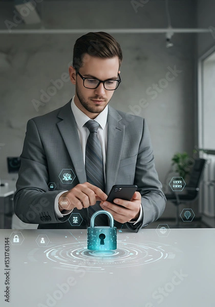 Fototapeta Cybersecurity Professional Navigating Digital Security: A sharp professional in a modern office, engrossed in securing data on his smartphone.