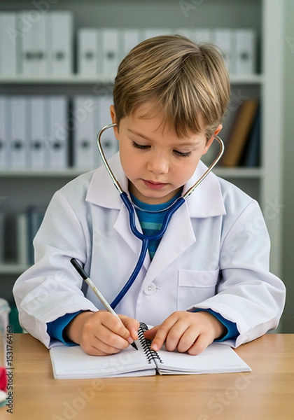 Fototapeta Aspiring Young Doctor: A focused young boy dressed as a doctor, intently writing in a notepad while wearing a stethoscope, portraying innocence and a future vision of healthcare and medicine.