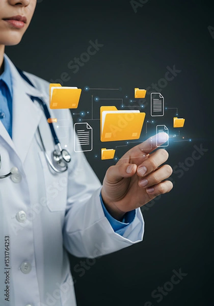 Fototapeta Doctor Navigating Digital Files: Female doctor in lab coat interacts with floating digital files and folders, symbolizing modern healthcare and data management in medicine.