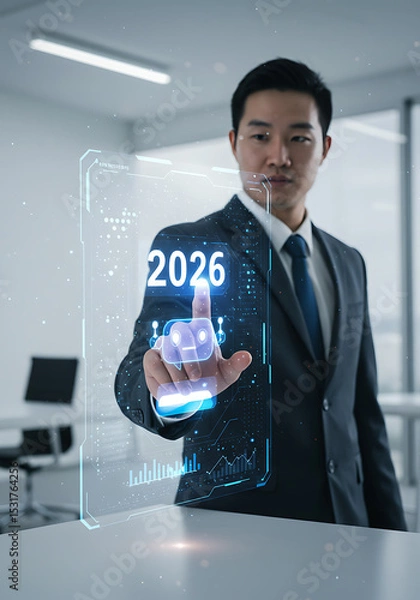 Fototapeta Future Year 2026: The man envisions 2026, interacting with a translucent holographic display that shows the upcoming year in technology and business.