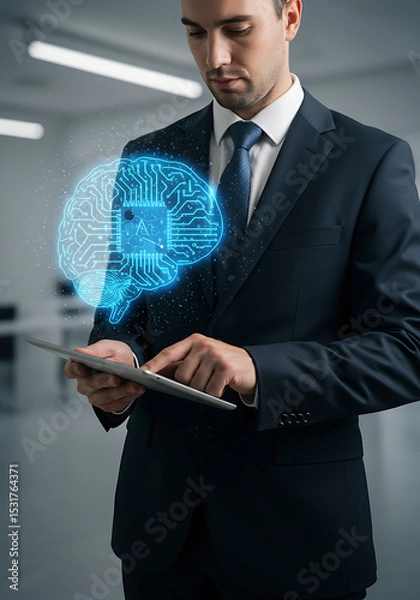 Fototapeta Business professional exploring artificial intelligence: A sharp-dressed business professional explores the cutting edge of artificial intelligence.