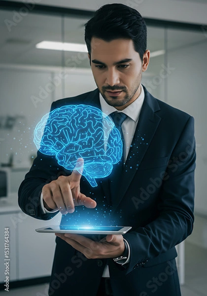 Fototapeta Innovative Mind: A modern professional interacts with a holographic brain, visualizing innovation and intellectual exploration in a sleek, contemporary setting.