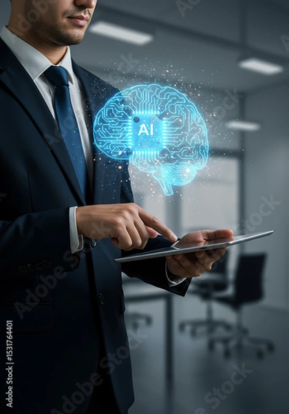Fototapeta Business and AI Convergence: A distinguished figure in a tailored suit interacts with an AI-infused brain hologram displayed on a tablet, signifying the fusion of technology and intelligence. 