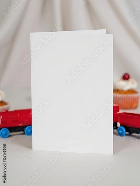 Fototapeta Blank White Greeting Card with Red and Blue Train Toys and Cupcakes in Soft Bakery Background