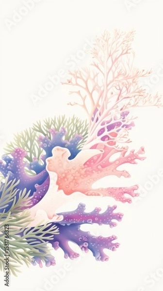 Fototapeta Stylized illustration of a flowing cluster of pastel-colored coral and seaweed in a beautiful composition on a clean white background for marine art