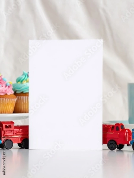 Fototapeta Blank White Greeting Card with Red and Blue Train Toys and Cupcakes in Soft Bakery Background