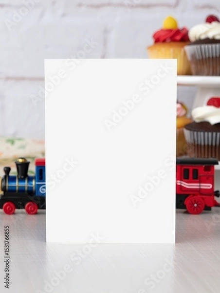 Fototapeta Blank White Greeting Card with Red and Blue Train Toys and Cupcakes in Soft Bakery Background