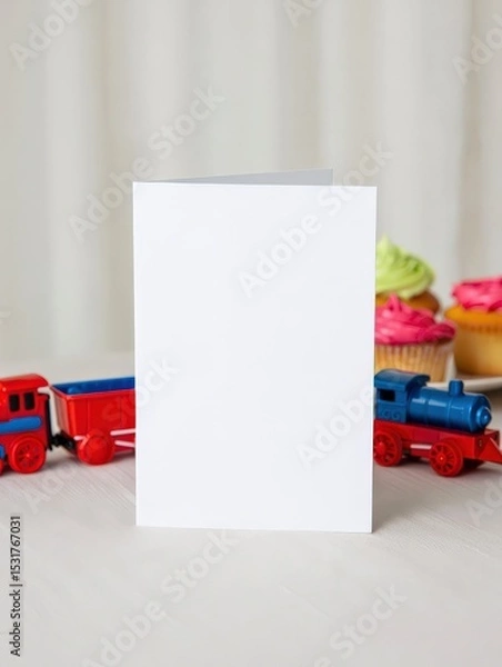 Fototapeta Blank White Greeting Card with Red and Blue Train Toys and Cupcakes in Soft Bakery Background