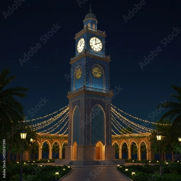 Fototapeta Night View of an Ornate Clock Tower Illuminated with Festive Lights