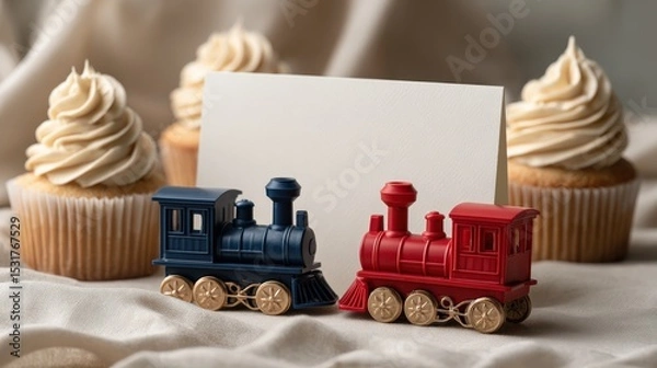 Fototapeta Blank White Greeting Card with Red and Blue Train Toys and Cupcakes in Soft Bakery Background