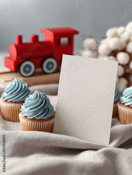 Fototapeta Blank White Greeting Card with Red and Blue Train Toys and Cupcakes in Soft Bakery Background